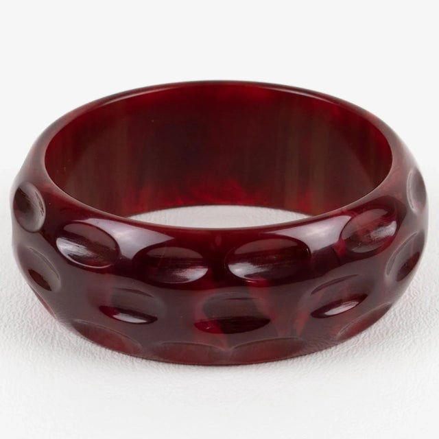 Bakelite Carved Bracelet Bangle Crimson Red Marble For Sale - Image 4 of 4