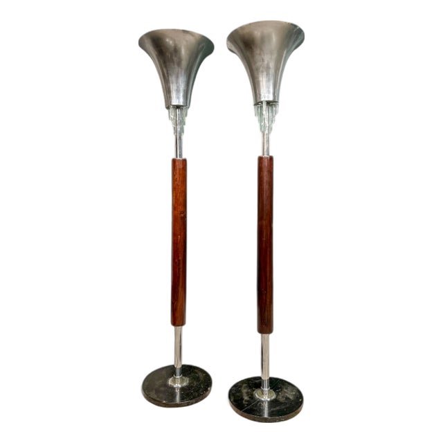 Pair of “Torchierre” Floor Lamps in Rosewood, Crystal & Metal, Unknown, 1950s - Lot 474A For Sale