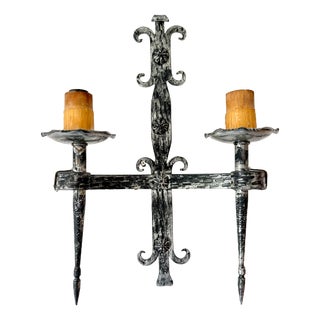 Vintage Arts & Crafts Wrought Iron Double Wall Sconce with Fleur-De-Lys Motif, 20th Century For Sale
