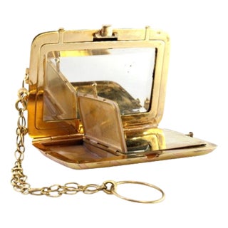 2-Tone Gold Toiletry Box with Diagonal Stripes, Sun Engraved Lid and Mirror For Sale