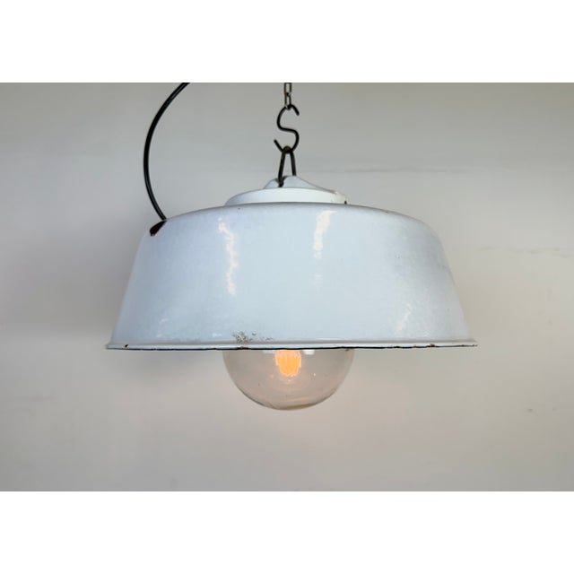 Industrial Grey Enamel Factory Pendant Lamp with Glass Cover, 1960s For Sale - Image 17 of 18