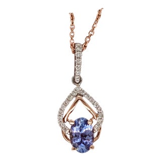 Tanzanite Pendant with Earth Mined Diamonds in Solid 14K Dual Tone Gold Oval 6x4mm For Sale