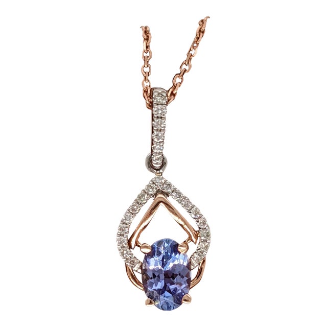 Tanzanite Pendant with Earth Mined Diamonds in Solid 14K Dual Tone Gold Oval 6x4mm For Sale