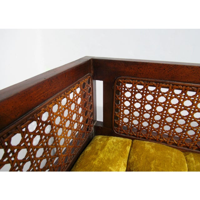 C.1970's Crushed Velvet Velour Button-Tufted Upholstered Caned Wood Bench With Bolster Pillows For Sale - Image 13 of 18