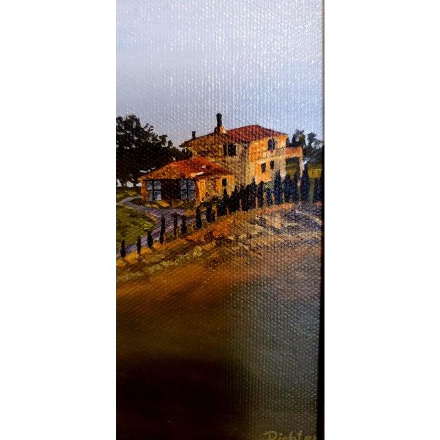 Delightful petite oil canvas of European villa with a tiny person walking on road. Signed on lower right by artist...