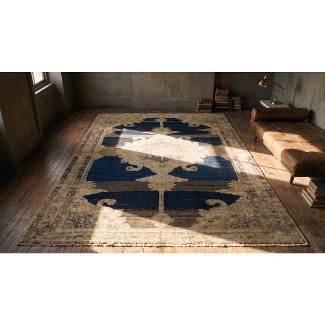 Appreciable Navy Blue and Tan Beige Color With Medallion Desing Antique Persian Malayer Rug For Sale - Image 13 of 15