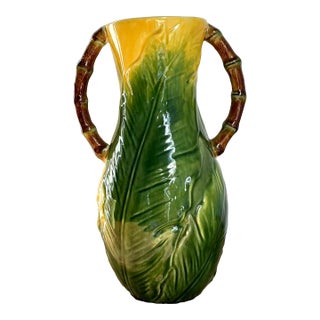 Vintage Boho Glazed Ceramic Banana Leaf Vase For Sale
