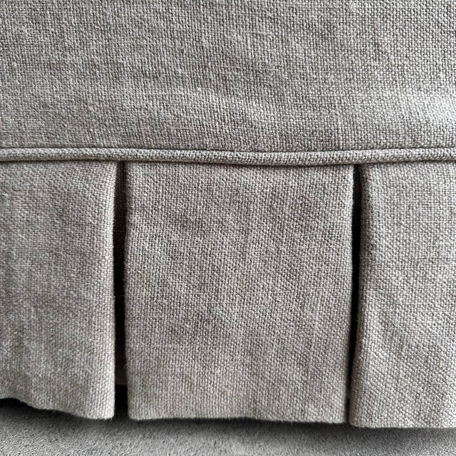 Greige Linen Slipcovered Bench With Pleated Skirt Details and White Oak Legs For Sale In Los Angeles - Image 6 of 7
