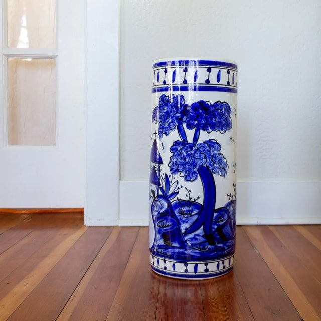 Modern Folk Art Blue and White Ceramic Porcelain Umbrella Holder For Sale - Image 3 of 11