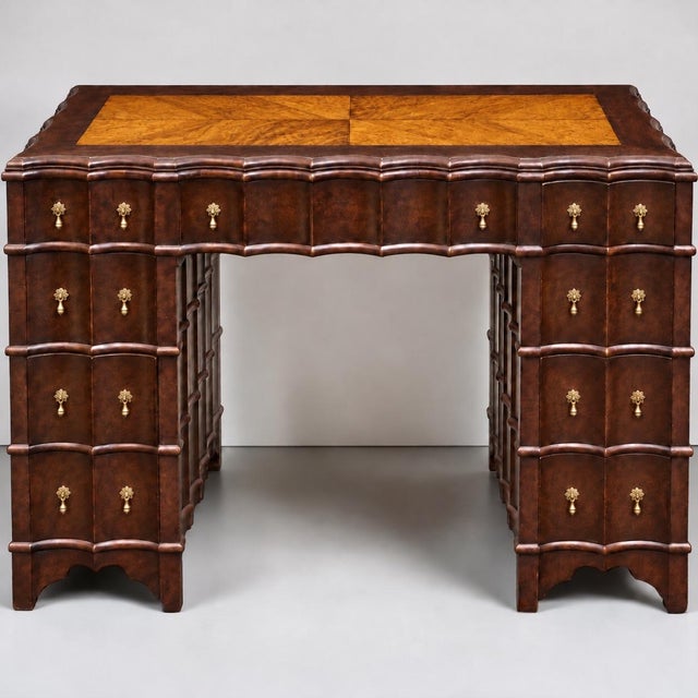 Hollywood Regency Hollywood Regency Scalloped Mahogany Faux Tortoise Kneehole Desk / Vanity For Sale - Image 3 of 7
