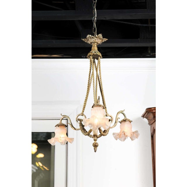 19th Century French Louis XVI Style 19th Century Bronze Three-Light Chandelier with Torch For Sale In Atlanta - Image 6 of 11