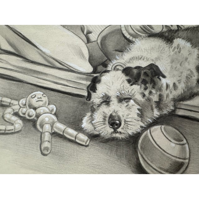 American 1940s Original t.e. Schrock Signed Graphite Illustration of Sleeping Child With Puppy and Toys, 11.75 × 9.5 In. For Sale - Image 3 of 6