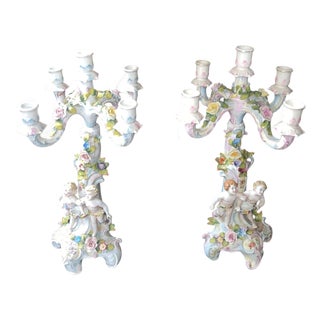 Pair of Meissen Style Porcelain Five-Arm Candelabras. Germany, 20th Century. For Sale