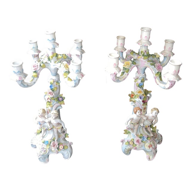 Pair of Meissen Style Porcelain Five-Arm Candelabras. Germany, 20th Century. For Sale