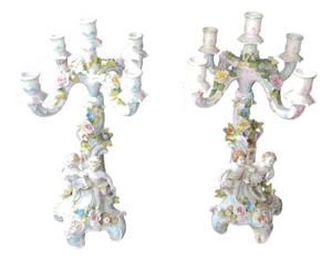 Pair of Meissen Style Porcelain Five-Arm Candelabras. Germany, 20th Century.