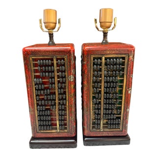 Exceptional Vintage Gilt Wood Chinoiserie Hand Made Lacquered Suanpan/ Abacus Table Lamps a Pair For Sale