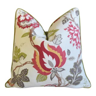 Designer Botanical Floral Cotton Feather/Down Pillow 24" Square For Sale