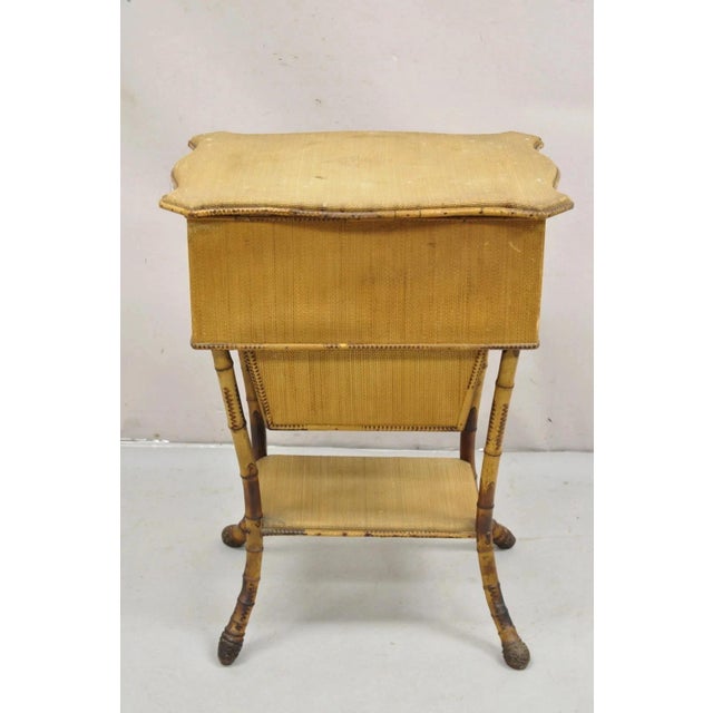 Antique English Victorian Bamboo Rattan Sewing Box Work Stand Side Table For Sale - Image 10 of 12