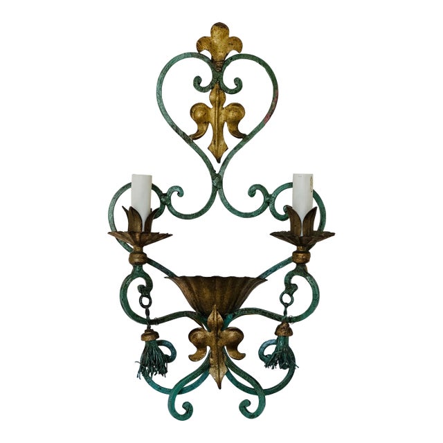 Single 2 Bulb Tole Toleware Italian Gilt and Verdigris Sconce , Italy For Sale