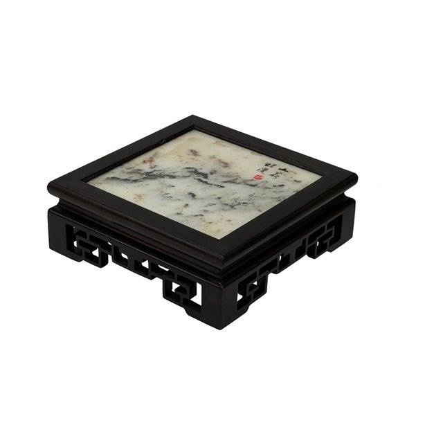 Asian Square Dream Stone Inlaid Dark Brown Openwork Frame Display Stand For Sale - Image 3 of 6