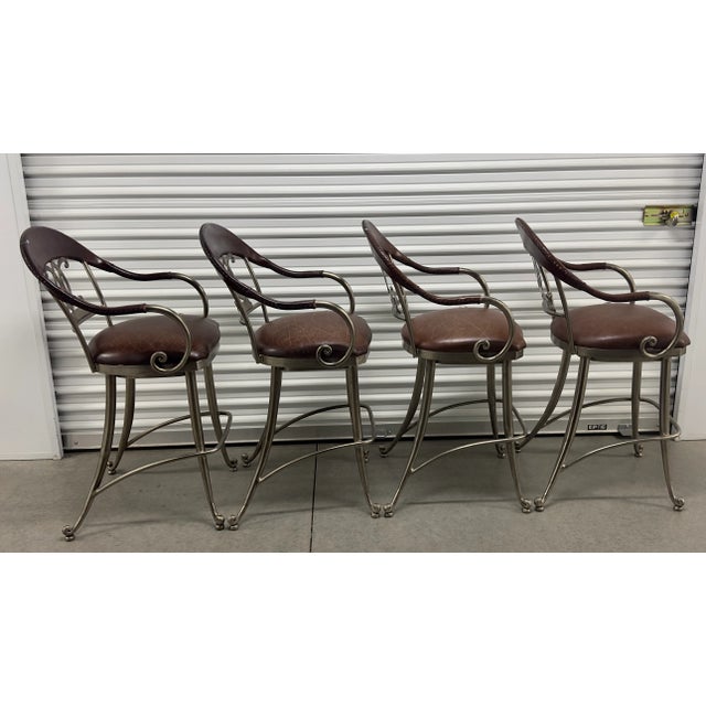 Chrome Swivel Seat Leather Wrapped & Hand-Forged Iron Rustic Modern Counter Height Bar Stools- Set of 4 For Sale In Palm Springs - Image 6 of 12