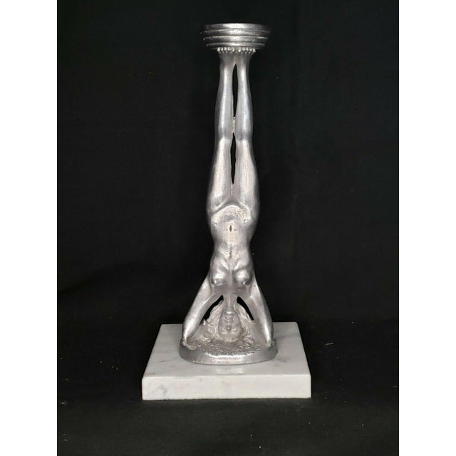 1980s Vintage Art Nouveau Nude Head Stand Metal Sculpture on Marble Stand / Ring Caddy For Sale - Image 11 of 11