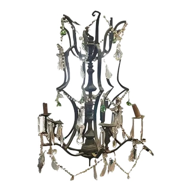 French Iron and Crystal Chandelier – 1940s Vintage Fixture For Sale