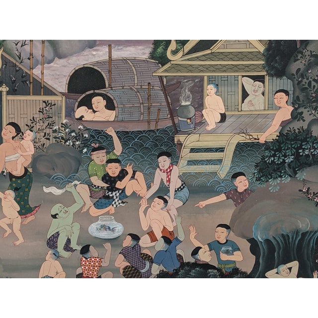 Late 20th Century Southeast Asian Folk Art Village & Riverside Narrative Painting on Canvas For Sale - Image 11 of 12