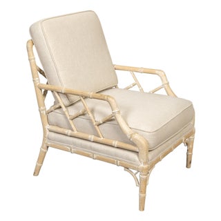 English Midcentury Bleached Faux Bamboo Lounge Chair with Upholstery For Sale