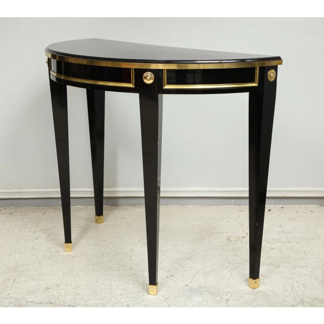 Ebony Bespoke Pair of Brass-Banded Demilune Consoles in the Neoclassic Manner For Sale - Image 8 of 12