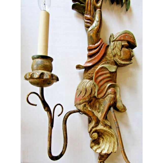 1920s Polychrome Hand Carved Wood and Iron Monkey Wall Sconces - a Pair For Sale - Image 16 of 17