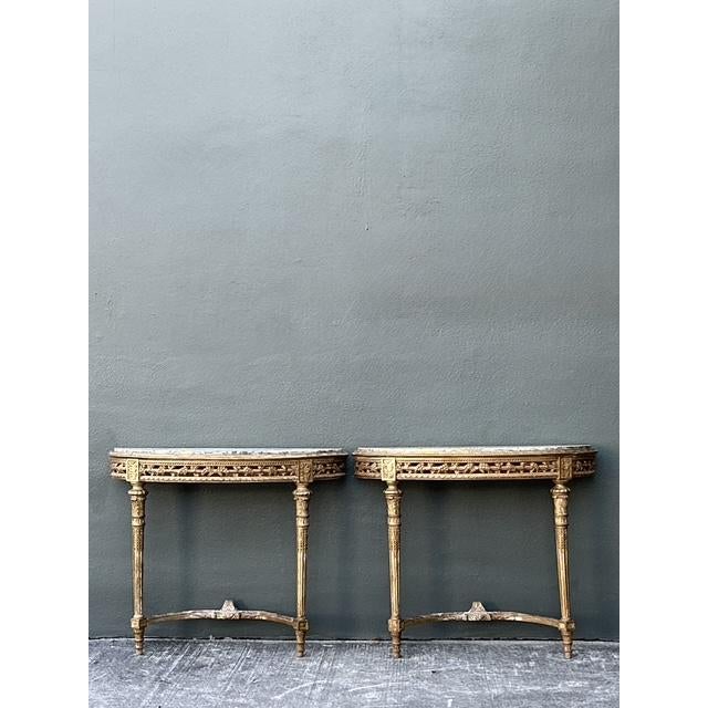 Vintage French Giltwood Marble Top Demilune Console Tables - A Pair For Sale - Image 10 of 12