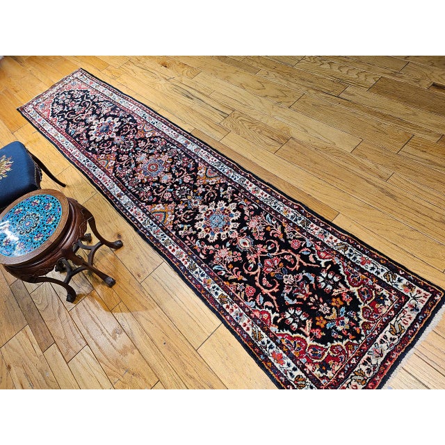 Black Vintage Persian Bakhtiari Tribal Runner, Hand-Knotted Wool, Floral Bouquets & Medallions, Navy & Ivory, 3x12 For Sale - Image 8 of 16
