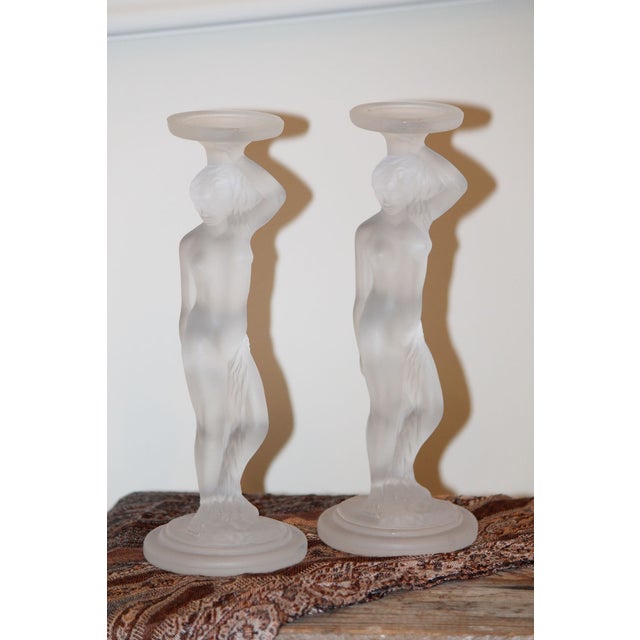 Art Deco Pair of Excellent 1930s Walther & Sohne Art Deco Frosted Glass Nude Nymphen Candlesticks For Sale - Image 3 of 6