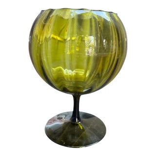 Avocado Green Empoli Optic Italian Glass Stemmed Bowl Vase For Sale