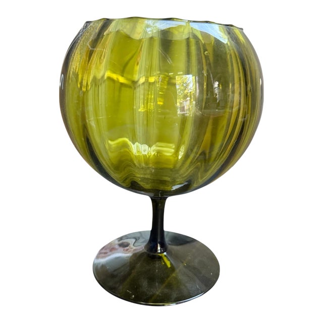 Avocado Green Empoli Optic Italian Glass Stemmed Bowl Vase For Sale