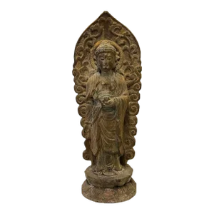 Chinese Rustic Wood Standing Gautama Amitabha Shakyamuni Buddha Statue