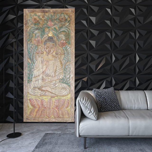 Colorful Vintage Carved Buddha Wall Panel – Handcrafted Blessing Decorative Art 83x36 For Sale - Image 4 of 5