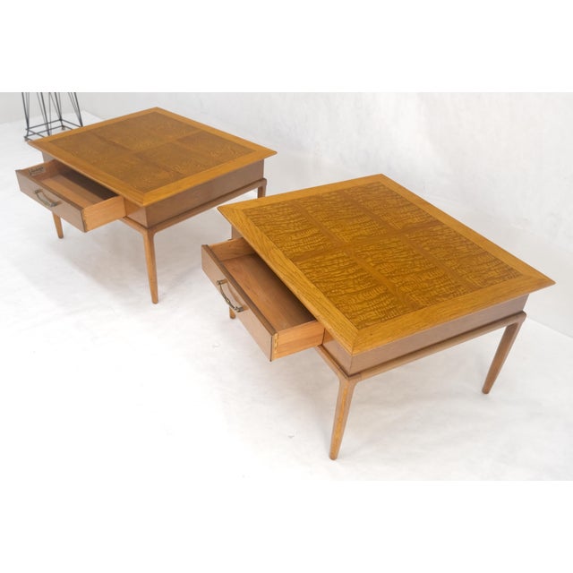 Pair of Fine Blond Tiger Maple Square End Side Lamp Tables One Drawer MINT For Sale - Image 13 of 18