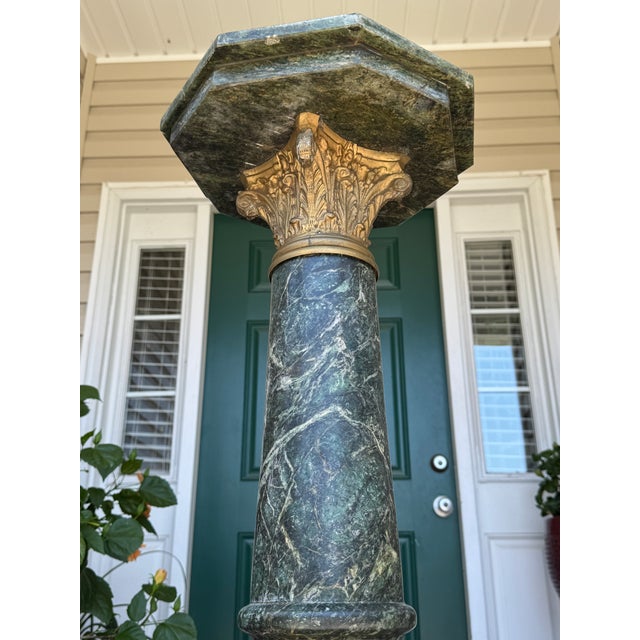 Dark Green Fine Antique 1800s Verde Antico Marble Column Pedestal Ft. Gilded Corinthian Capital For Sale - Image 8 of 15
