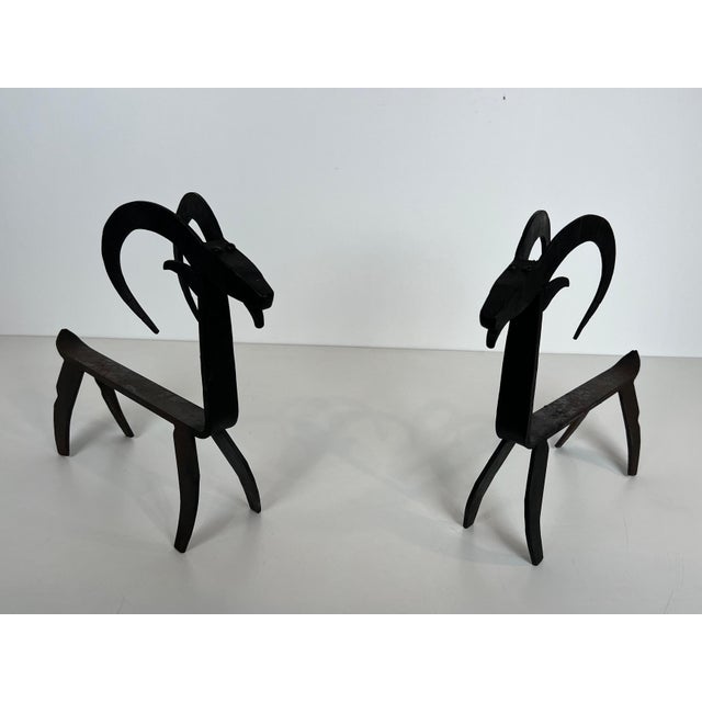 1950s Pair of wrought iron andirons representing a goat in the style of Edouard Schenck For Sale - Image 12 of 12