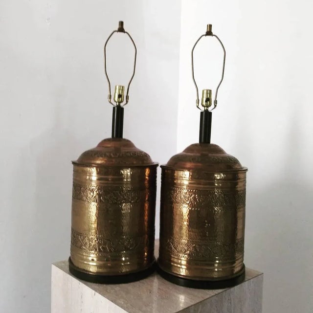 English Mid Century Brass Cylinder Lamps - a Pair For Sale - Image 3 of 13