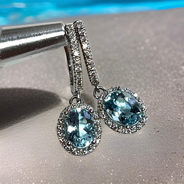 Natural Aquamarine Diamond Dangle Earrings 14k W Gold 2.55 TCW Certified For Sale In New York - Image 6 of 12