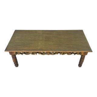 1920s Vintage Filipino Barley Twist Coffee Table With Intricate Carved Apron For Sale