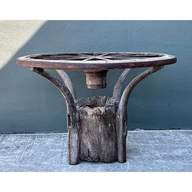 Vintage Primitive Wagon Wheel Dining Table Pedestal For Sale In West Palm - Image 6 of 12