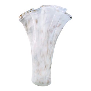 Vintage Murano Style Hand Blown Art Glass White Gold Swirl Fluted Rim Vase For Sale