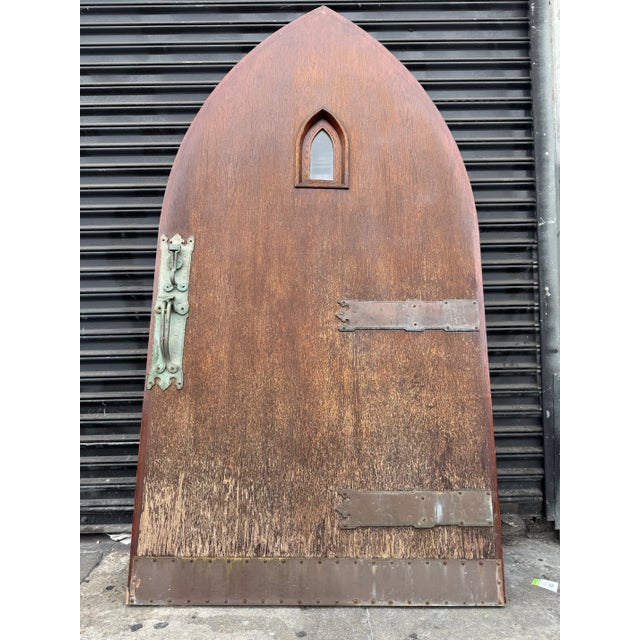 1920s Tudor Revival Pointed Arc Door With Original Bronze Hardware & Octagonal Decorative Knob For Sale - Image 9 of 12