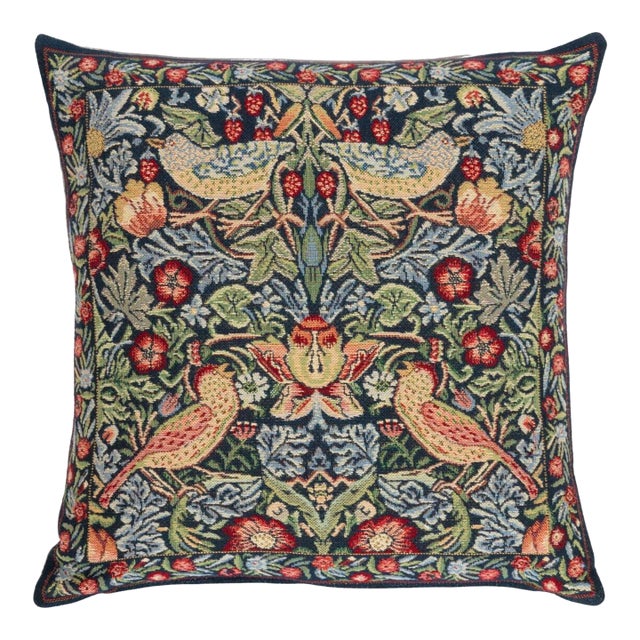 Strawberry Thief Blue Tapestry Cushion With Feather Filler - 55 X 55cm For Sale