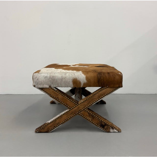 Wood Vintage Cowhide Ottoman With Nailhead Trim For Sale - Image 7 of 7