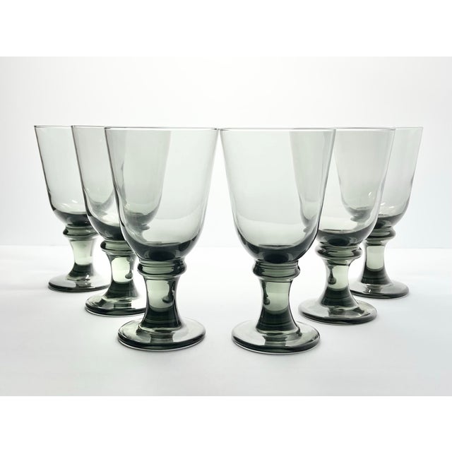 Libbey “Flare (Smokey Gray), Nova Black” Set of 6 Water or Wine Glasses 7” 14oz No chips, cracks, or fleabites. Height 7”...